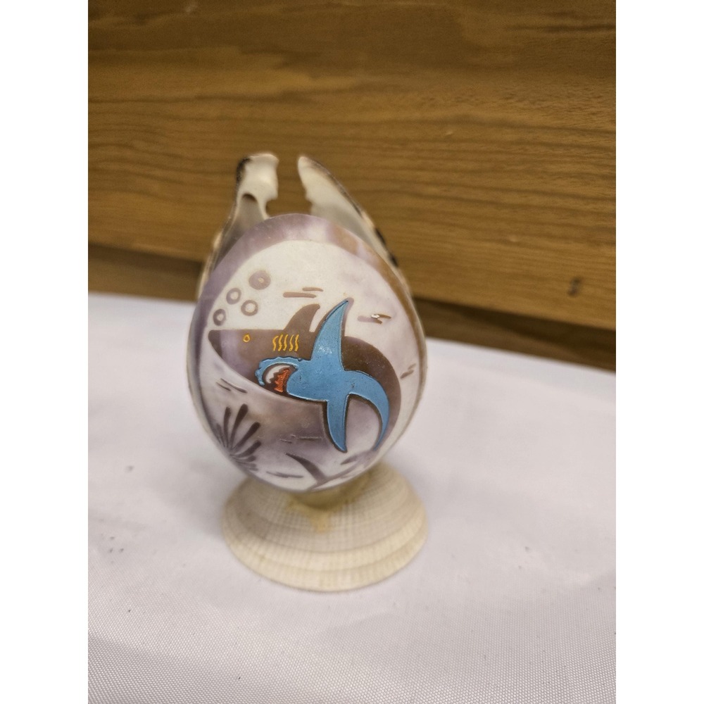 Cameo Tiger Cowrie Sea Shell Carved with Shell Stand - Handpainted Shark Design